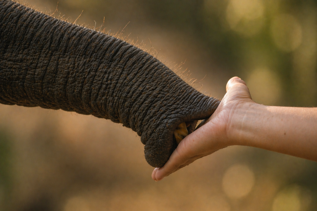 Elephant trunk touching human hand showing real connection in Chiang Mai sanctuary