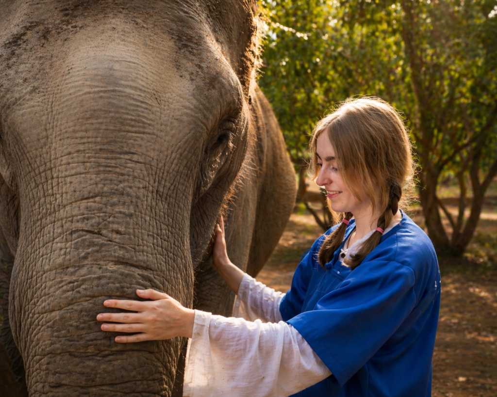 Touching elephants gently in a small group ethical sanctuary in Chiang Mai