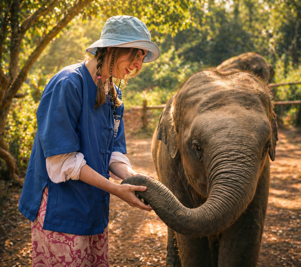 Feeding elephants in an ethical sanctuary experience in Chiang Mai Thailand